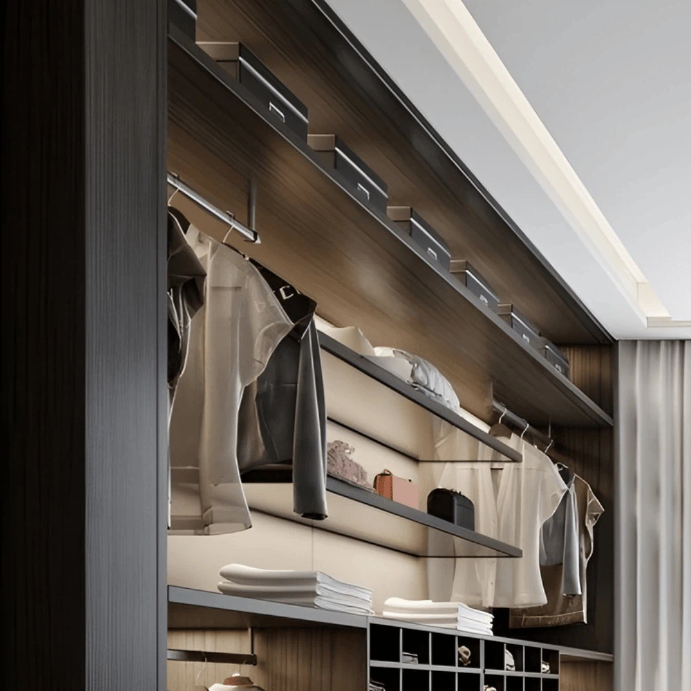 Modern walk in closet with wooden shelves and LED lighting Modern walk in closet with wooden shelves and LED lighting