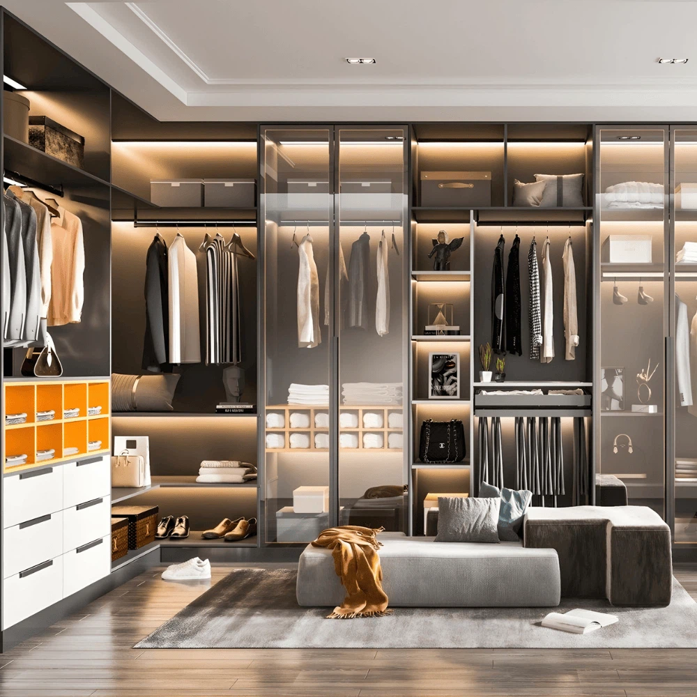 Modern high end walk in closet with glass panels, LED lighting and elegant design Modern high end walk in closet with glass panels, LED lighting and elegant design