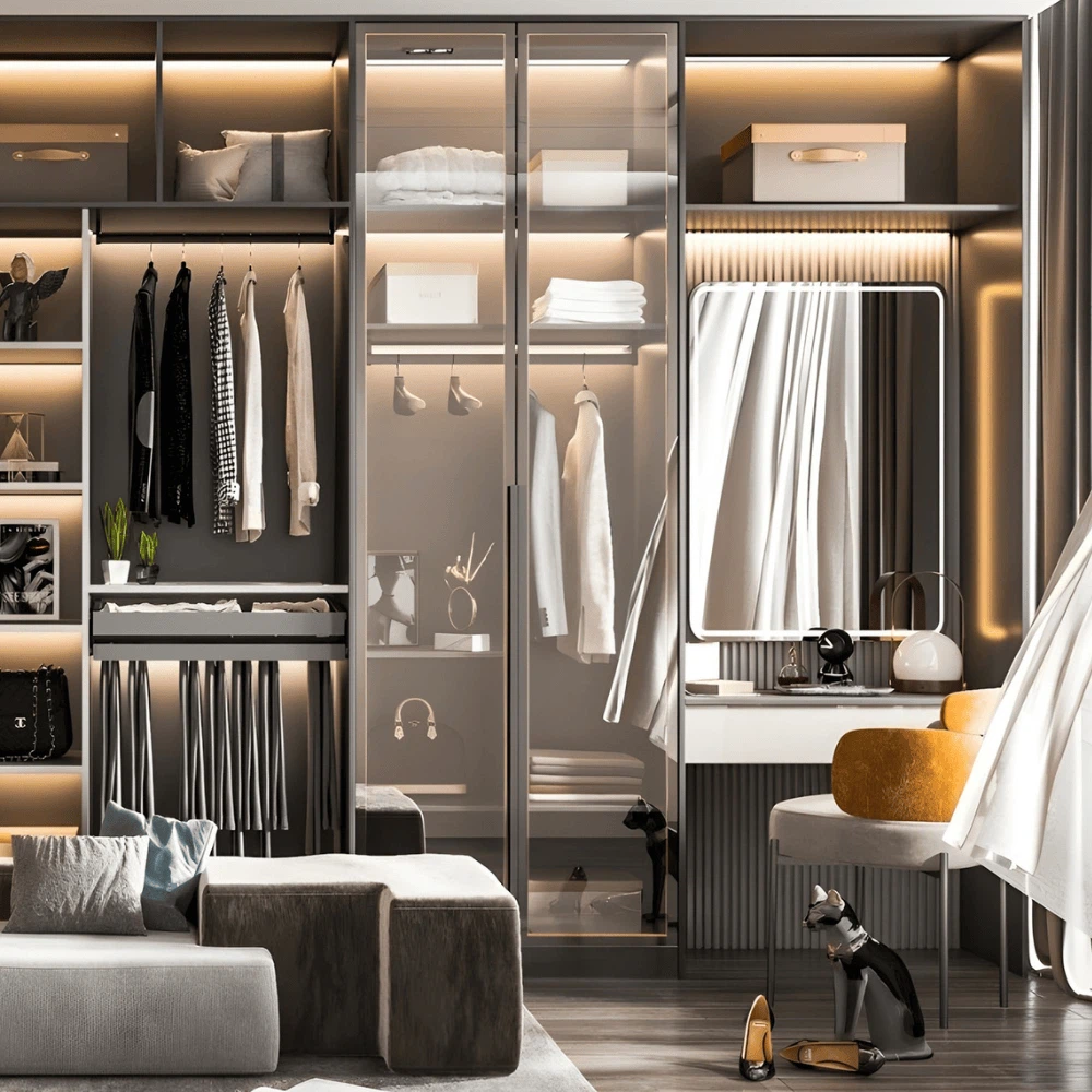 Luxury glass wardrobe with built-in vanity and soft ambient lighting Luxury glass wardrobe with built-in vanity and soft ambient lighting