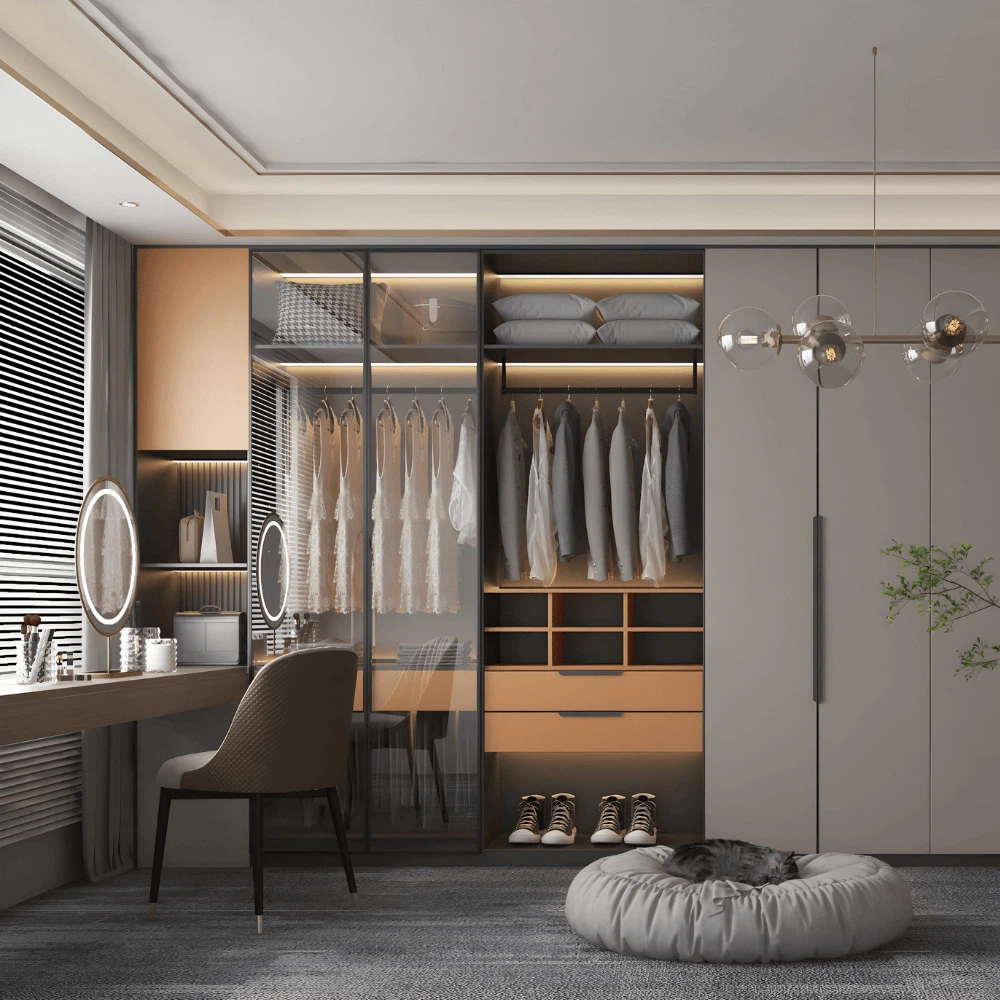 Modern grey and amber glass wardrobe with integrated vanity table and warm lighting design. Modern grey and amber glass wardrobe with integrated vanity table and warm lighting design.