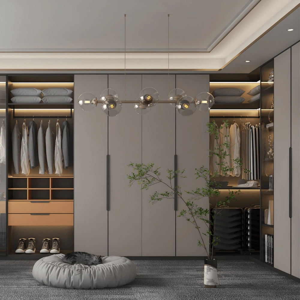 Contemporary built-in glass wardrobe with soft lighting, clothes display, and elegant interior decor. Contemporary built-in glass wardrobe with soft lighting, clothes display, and elegant interior decor.