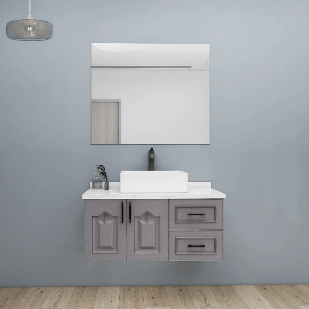 Grey shaker vanity with white countertop and square sink Grey shaker vanity with white countertop and square sink
