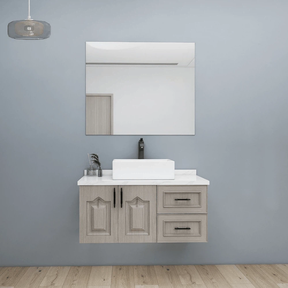 Light oak floating vanity in minimalist bathroom Light oak floating vanity in minimalist bathroom