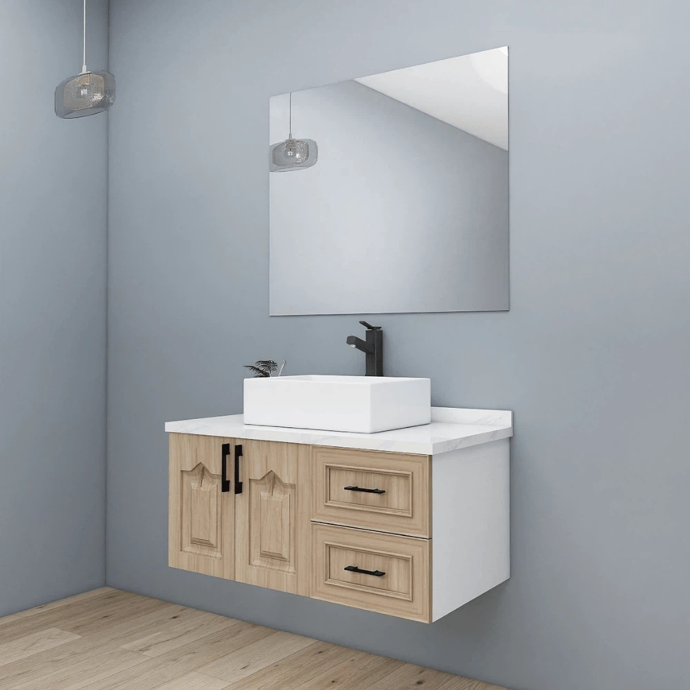 Side view of natural wood shaker vanity with mirror and pendant light Side view of natural wood shaker vanity with mirror and pendant light