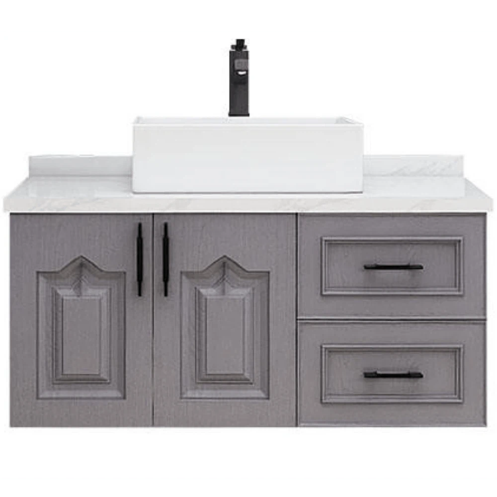 Front view of grey shaker vanity with double doors and drawers Front view of grey shaker vanity with double doors and drawers